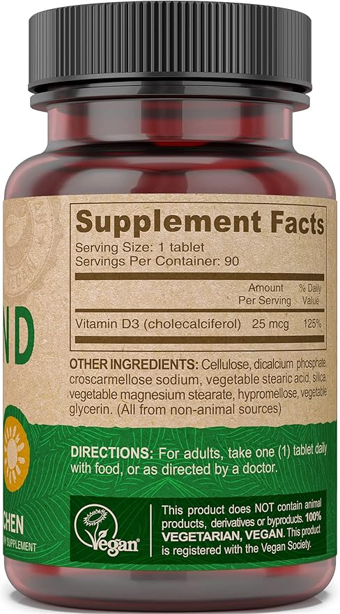 DEVA Vegan Vitamin D3 Supplement - Once-Per-Day Tablet with 1000 IU - Cholecalciferol - Lichen Plant Derived - 90 Small Tablets