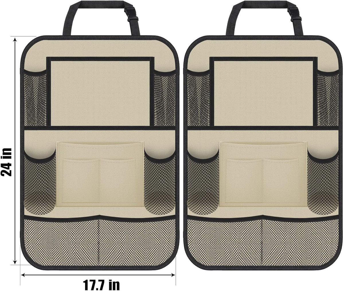 ULEEKA Car Backseat Organizer with 11" Table Holder, 10 Storage Pockets Seat Back Protectors Kick Mats for Kids Toddlers, Travel Accessories, 2 Pack, Beige