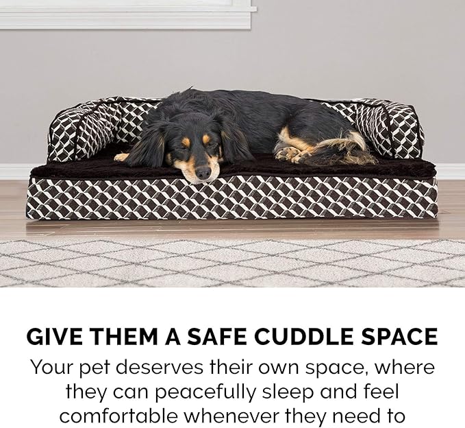 Furhaven Memory Foam Dog Bed for Medium/Small Dogs w/ Removable Bolsters & Washable Cover, For Dogs Up to 35 lbs - Plush & Woven Decor Comfy Couch Sofa - Diamond Brown, Medium