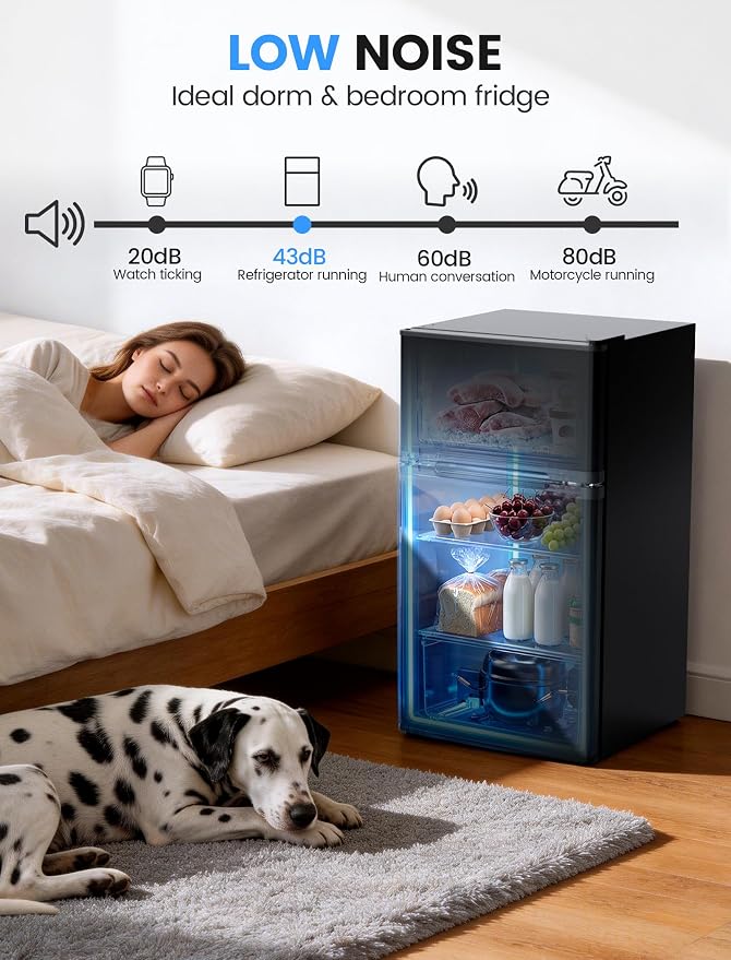 COWSAR 2.5 Cu.Ft Mini Compact Refrigerator with Freezer, Double Reversible Door with 2 Removable Shelves, Commercial Drink Fridge for Bedroom, Office, Kitchen, Dorm, Black