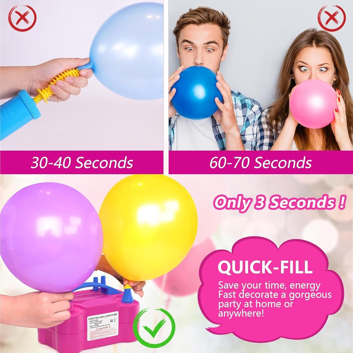 Skiennix Electric Balloon Pump - Portable Dual Nozzle Air Blower for Party Decorations | 110V 600W, Rose Red