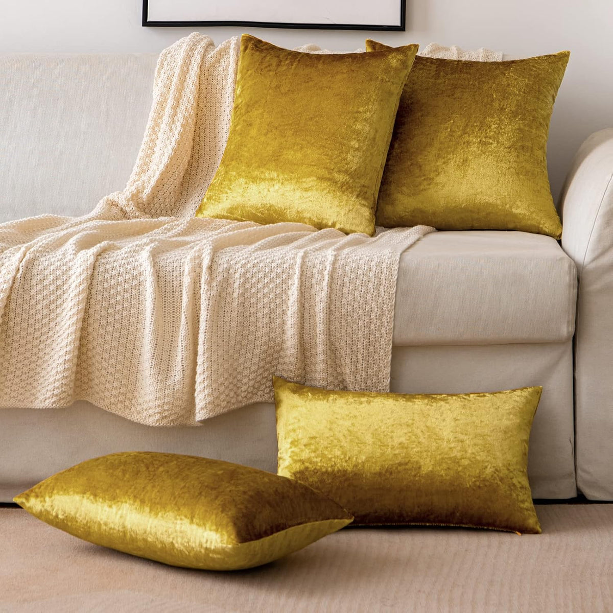 EMEMA Fall Bright Gold Velvet Throw Pillow Covers 16x16 Inch Set of 2 Decorative Square Pillowcase Soft Solid Cushion Case for Couch Sofa Bedroom Livingroom