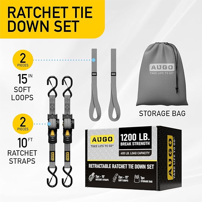 AUGO Retractable Ratchet Straps | 2 Heavy Duty Ratchet Straps Self Retractable Tie Downs with Soft Loops & Storage Bag for Motorcycle, Truck, Trailer, Cargo Van | 1200 Lb Break Strength 1” x 10’