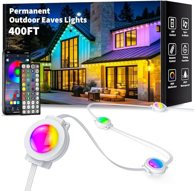 400FT Permanent Outdoor Lights, Smart RGB Eaves Lights with App/Remote Control, LED IP67 Waterproof Outdoor Lighting for Halloween Christmas Holidays Daily Party House Roof Lighting