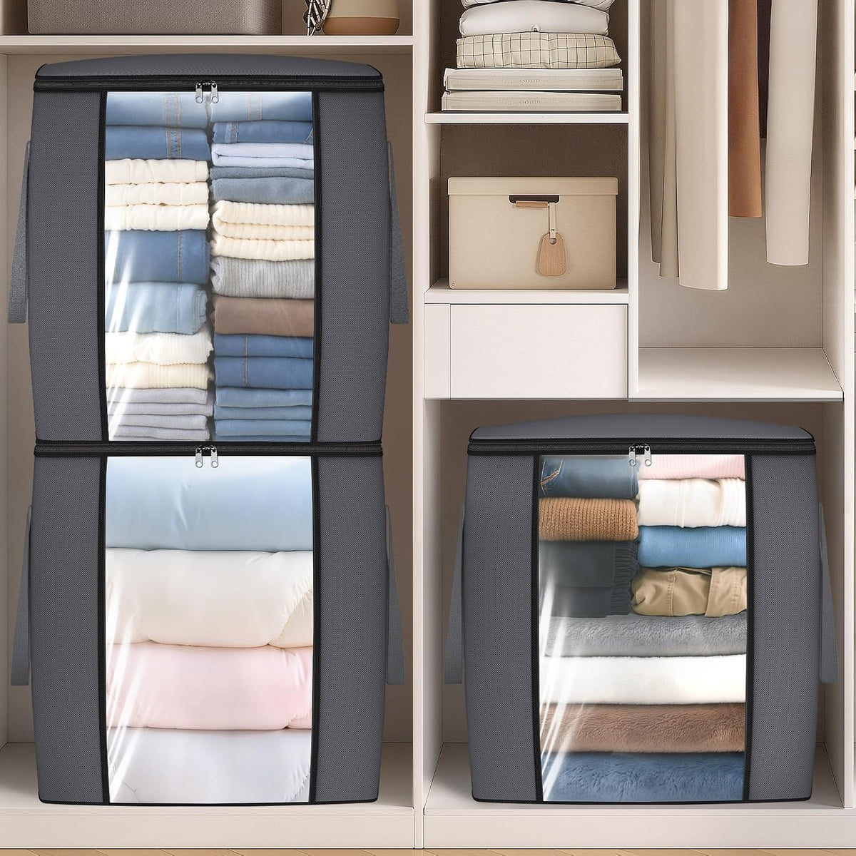 TasticTotes 120L Extra Large Clothes Storage Bags, Foldable Blanket Storage and Organization, Thick Fabric Containers with Reinforced Handles &amp; Zippers for Clothing, Comforters, Bedding, Gray, 1 Pack