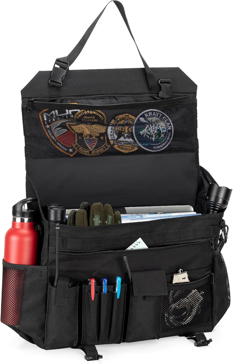 Trunab Patrol Bag, Car Front Seat Organizer, Police Duty Bag for Law Enforcement with 15.6” Laptop Sleeve, Molle Webbing, Multiple Compartment, Removable Straps, Black