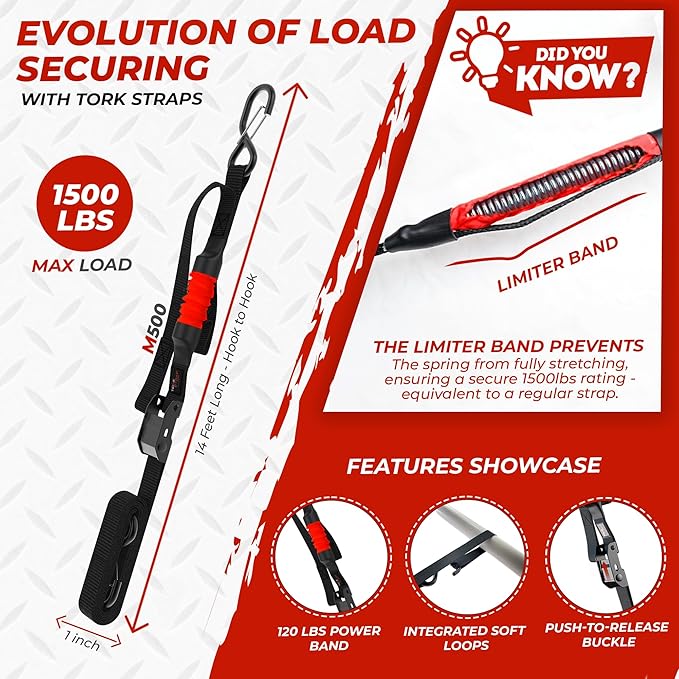 TorkStrap M500 Bundle | 14' x 1'' Spring Loaded Tie Down Straps with Carry Bag - 1,500LB Max Load - Just Pull Alternative to Ratchet Straps - Integrated Soft Loops (2-Pack)