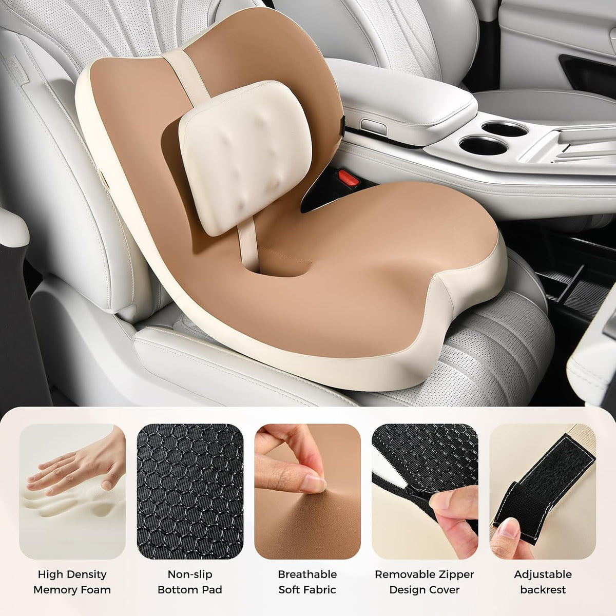 FLORICH 2 in1 Truck Seat Cushion and Lumbar Support Pillow Memory Foam Car Seat Cushion with Adjustable Strap for Truck Driver Long Drives, Fits Semi Truck Seat,Car,Office&Gaming Chair(Brown)