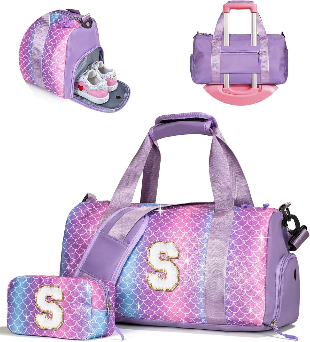 Skiennix Girl Gym Bag - Stylish Weekender Tote with Shoe Compartment & Makeup Pouch | Ideal Gift for Ages 3-12 (Letter S)