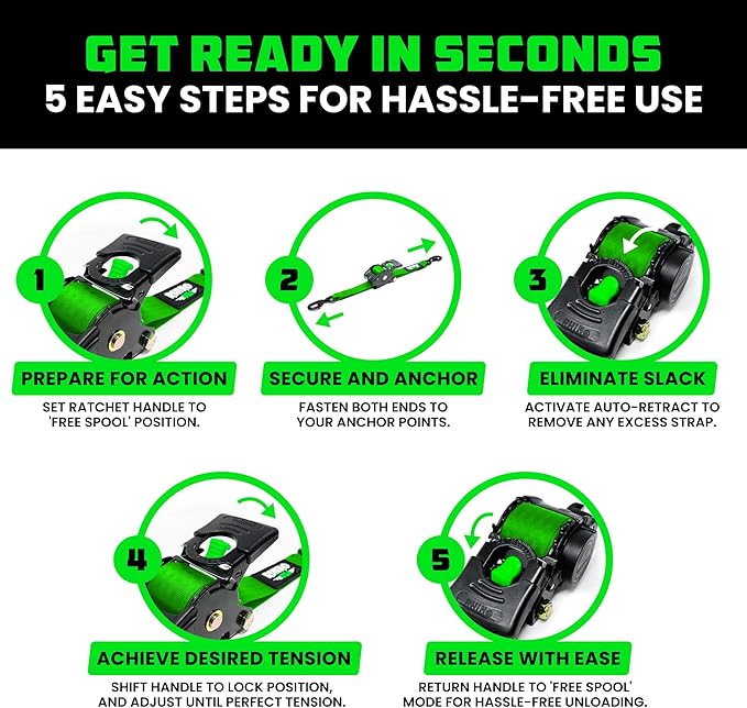 Rhino USA Retractable Ratchet Straps (2-Pack) - 2 Inch x 10 Feet (3,033lb Break Strength) - Heavy Duty Auto Self Retracting Tie Down Straps for Truck, Cargo Trailer, Motorcycle, Rad & More - Green