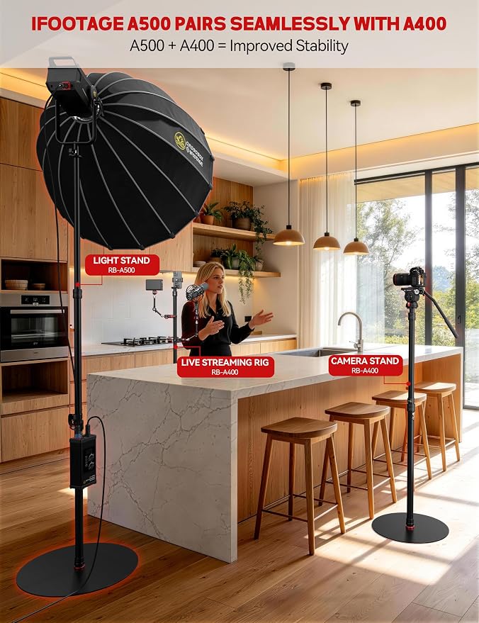iFootage A500 Heavy Duty Round Base Light Stand, Space-Saving Tripod Alternative