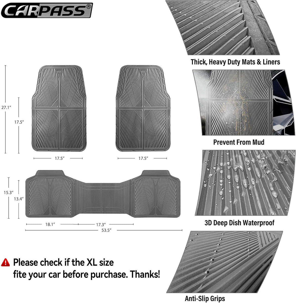 CAR PASS Gray Rubber Car Mats, All Weather Floor Mats Full Set, Waterproof Trim-to Fit Anti-Slip Easy Clean Heavy Duty Automotive Pad for Cars Trucks SUV Sedan Van, 3 Pcs All Grey Rubber