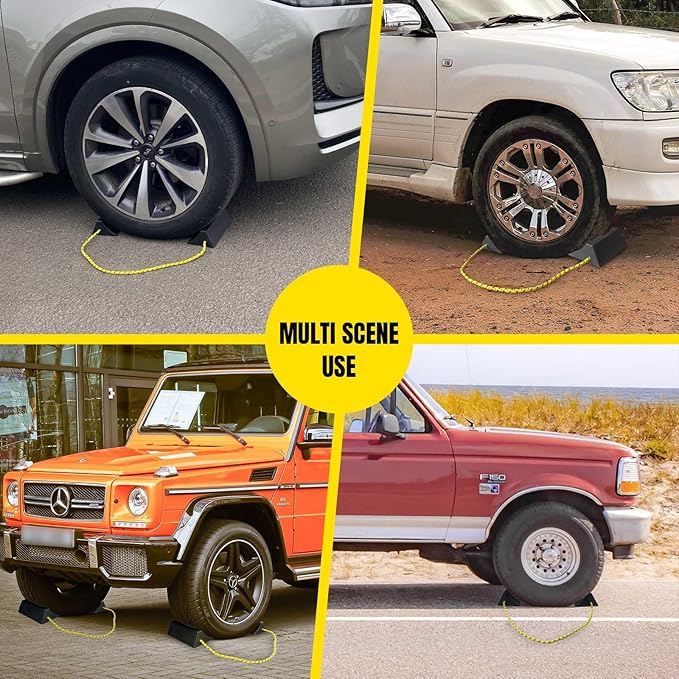 HOXWELL Dual Wheel Chocks, Light Non-Slip Wheel Stoppers with Nylon Rope Yellow Reflective Tape, Wheel Block for Lightweight Travel Trailer, Light Truck, Car, Tractor, Lawnmower 1 Pair, Black&Yellow