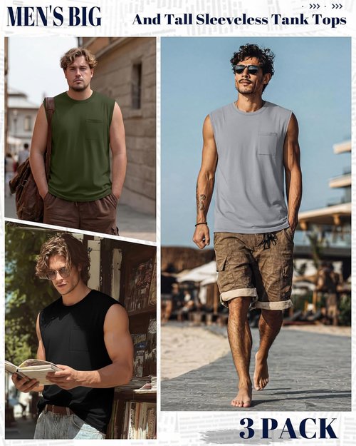Huukeay Men's Big & Tall Sleeveless Tank Tops - 3 Pack Cotton Muscle Shirts for Gym & Casual Wear
