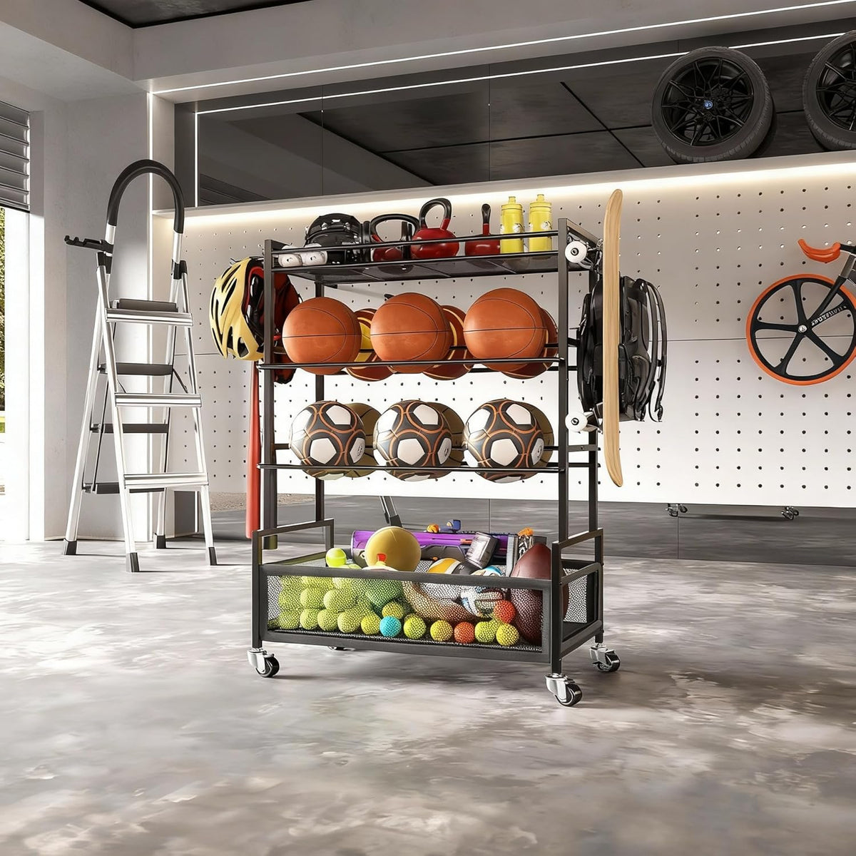 SOYEEZE Sports Equipment Organizer - 4-Tier Ball Storage Rack for Garage & Outdoor Toys | Mobile Cart with Hooks