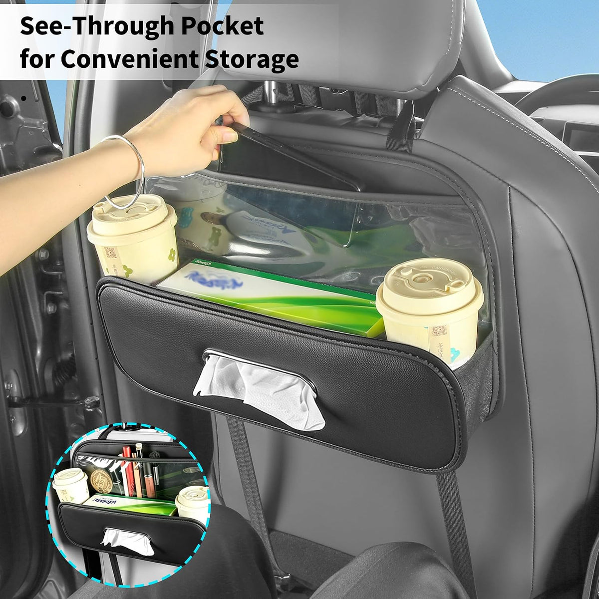 Back Seat Car Organizer with Cup Holder Tissue Box Kleenex Holder