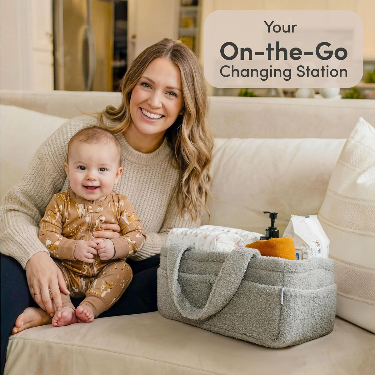 PUTSKA Baby Diaper Caddy Organizer for Changing Table – Stylish Nursery Storage Basket, Newborn Essentials, Baby Shower Gifts and Registry Must-Haves for Boy or Girl, Car Diaper Caddy, Fleece Grey
