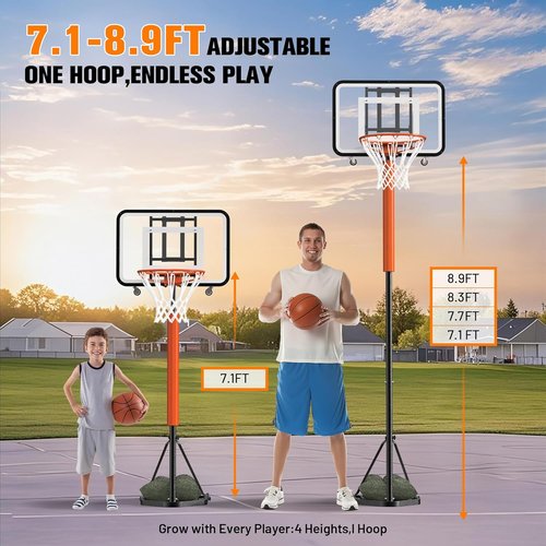 Basketball Hoop - Adjustable 7.1-8.9ft Portable Goal for Kids & Adults | 33-Inch Shatterproof Backboard