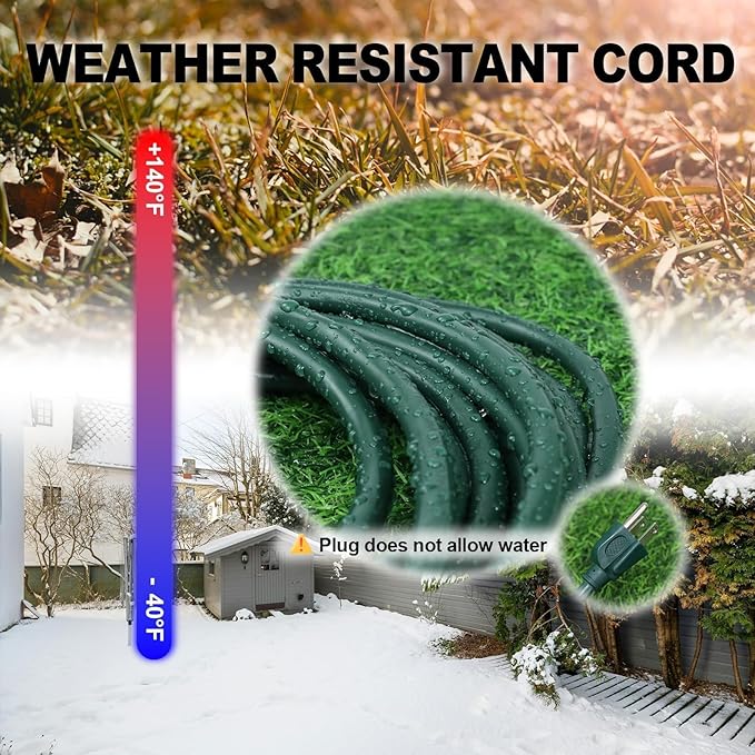 EP 2 Pack 10FT Green Outdoor Extension Cord, 16/3 SJTW Heavy Duty Waterproof, 3 Prong Grounded Plug, 13A 1625W 16AWG, Cold-Resistant Flexible Power Cable for Garden, Home, Christmas Lights