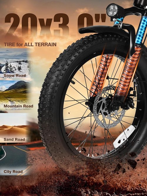 1200W Peak Electric Bike by [Brand Name] - 28MPH, 48V 10.4Ah Battery, 55-Mile Range, 20"x3" Fat Tires, 7-Speed Commuter Ebike