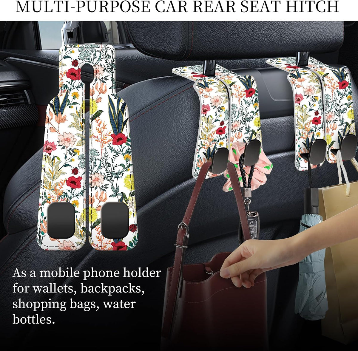 PU Leather Car Seat Hook, Storage Headrest Hanger, Cute Car Backseat Organizer, Car Hooks For Purses and Bags Colorful Wildflowers White