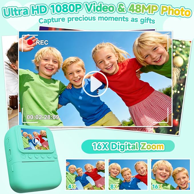 Kids Camera Instant Print, 1080P Digital Instant Print Cameras
