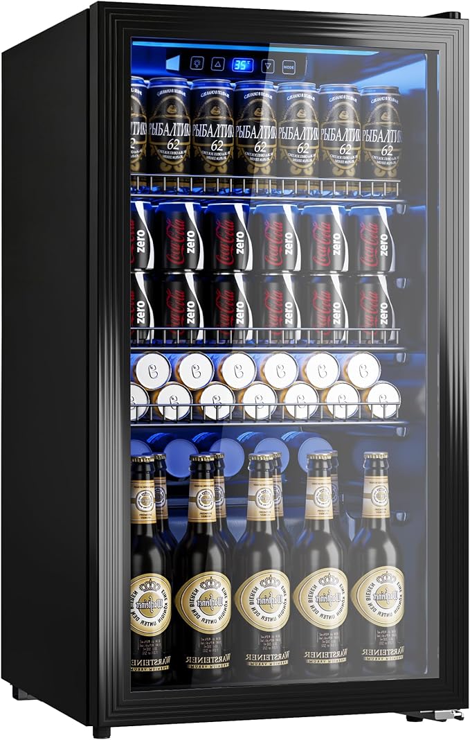 130 Can Beverage Refrigerator, 3.2 Cu.Ft Mini Fridge Beverage Cooler | Glass Door, 35–65°F Digital Temperature Display, Adjustable Shelves, Beverage Fridge for Soda, Beer & Wine
