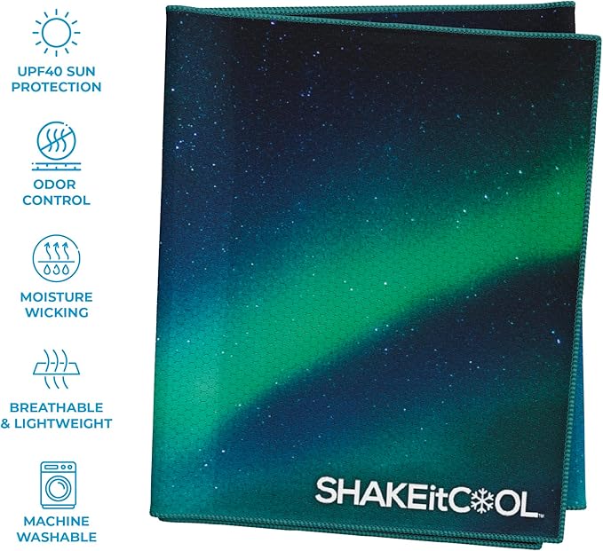 SHAKEitCOOL Extended Size Cooling Towel – Be Cool in Style - Heat Relief, Soft, Lightweight, Sun Protection, Easy Clean - Perfect for Biking, Hiking, Running, Yoga, Golf, Gardening - Alaskan Sky M