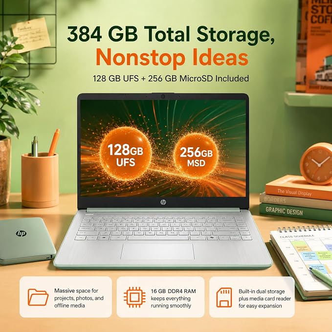 HP 14 Laptop for Students and Home Use, Intel Processor N150, 16GB RAM | 128GB UFS+256GB MSD, 14" HD Display, Wi-Fi 6, 1-Year Microsoft 365, Copilot AI Key, Lightweight, Willow Green, W/Mouse