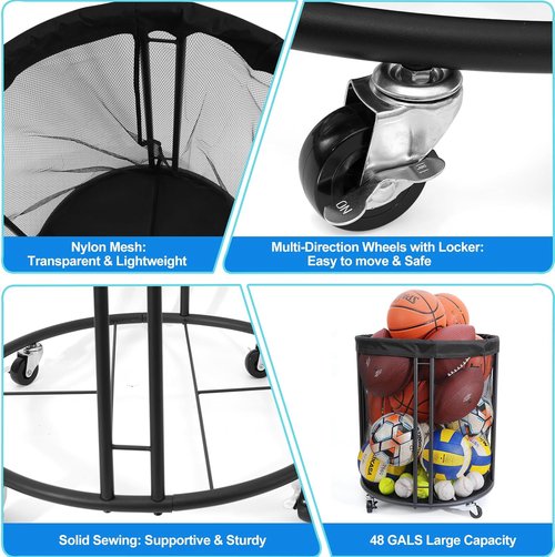 Ball Storage Bin - Rolling Basketball Rack for Indoor & Outdoor Use | Versatile Holder for Soccer & More