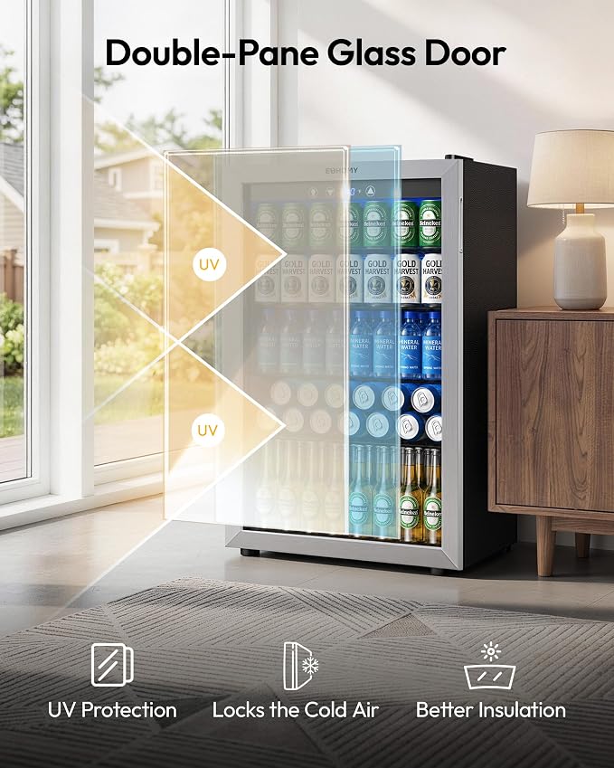 EUHOMY 4.5 Cu.ft Beverage Refrigerator and Cooler, 145 Can Mini fridge with Glass Door for Soda Beer Wine, Small Drink Dispenser with Digital Adjustable Thermostat for Home Office Bar