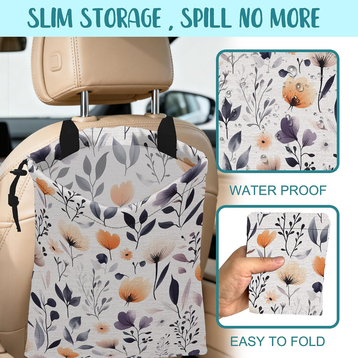 Car Garbage Bag Colorful Wildflowers and Leaves Hanging Canvas Car Trash Bag Drawstring Car Back Seat Organizer for Car Back Front Seat Console with Adjustable Buckle