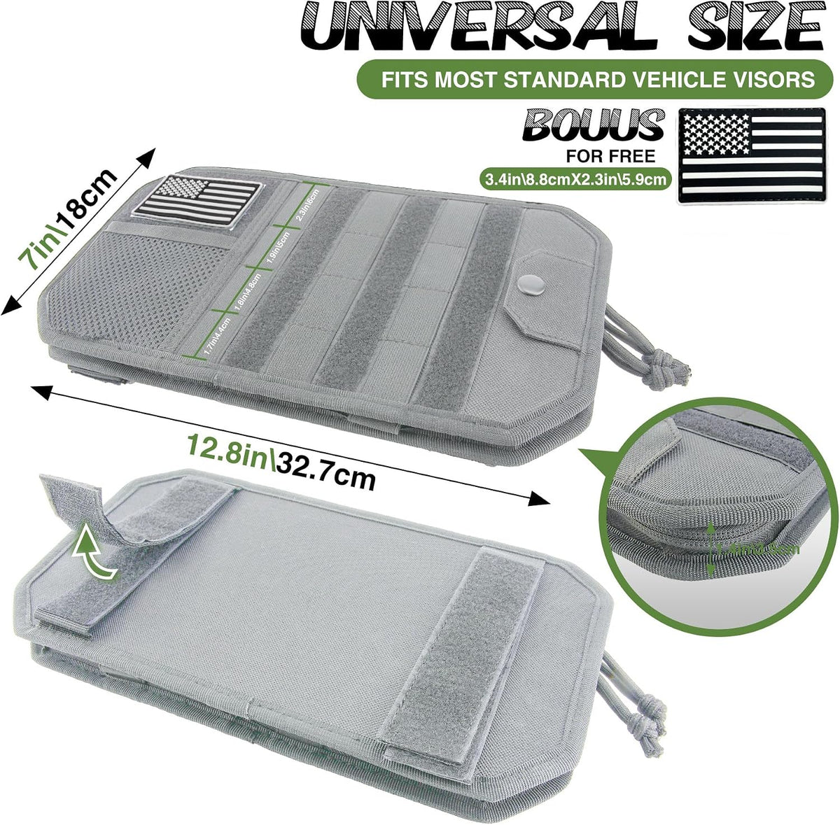 Car Sun Visor Organizer, Tactical Molle Panel Visor Storage Organizer with Sunglasses Holder for Police Gear & Overland Accessories, Universal Fit for Trucks, SUVs, Jeeps & Patrols, Grey