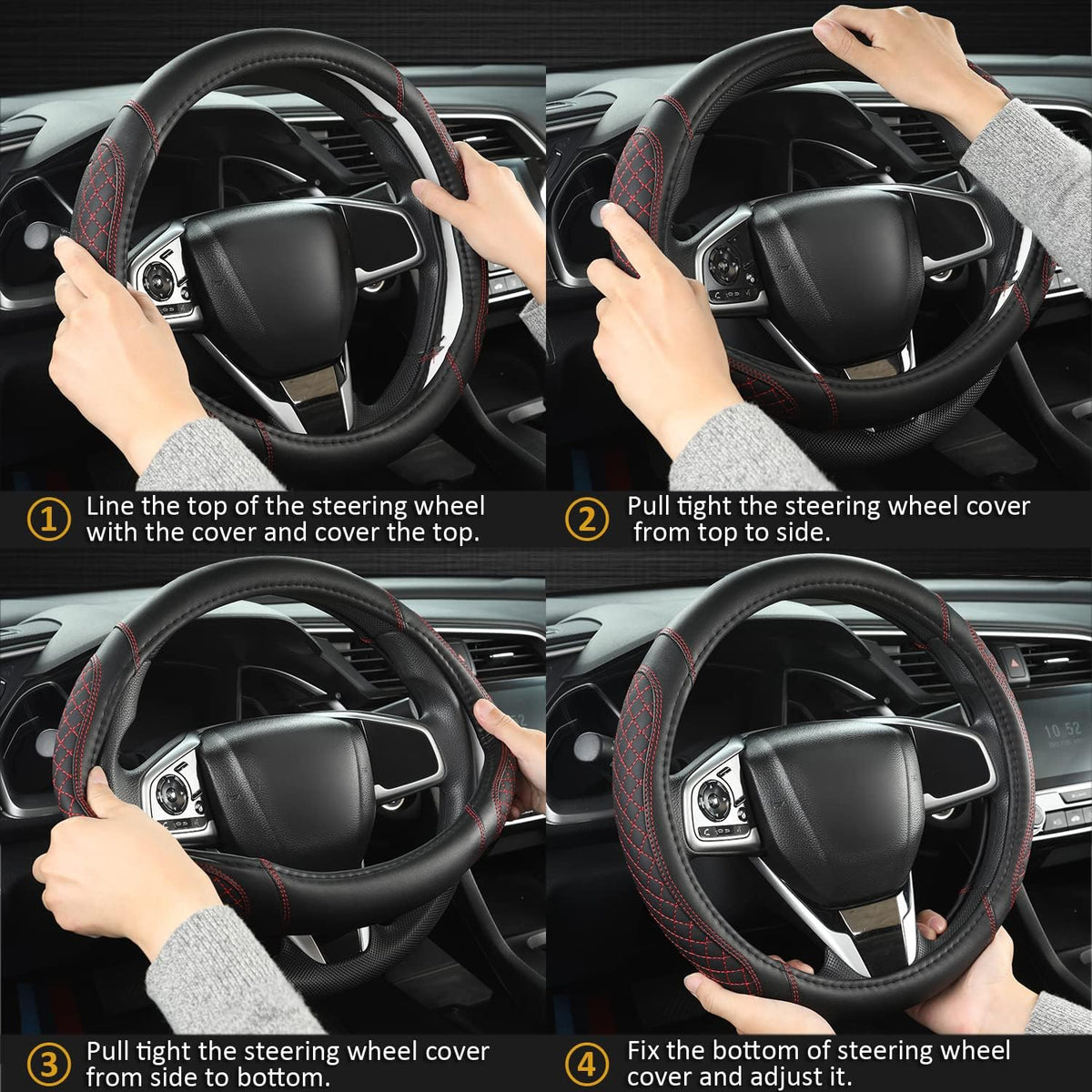 West Llama Car Steering Wheel Cover for Ford Escape,Explorer,Fusion,Focus,Bronco,Transit,Edge(Diamond Quilted - Black+Red- Standard Size)