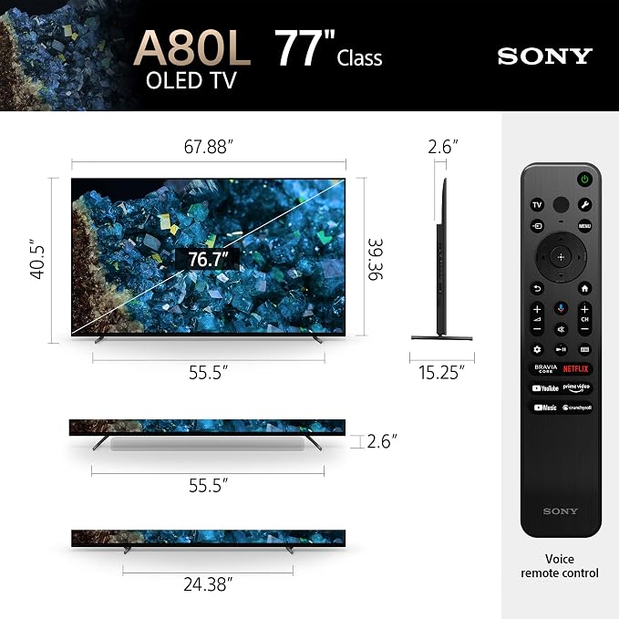 Sony OLED 77 inch BRAVIA XR A80L Series 4K Ultra HD TV: Smart Google TV with Dolby Vision HDR and Exclusive Gaming Features for The PlayStation® 5 XR77A80L- 2023 Model,Black