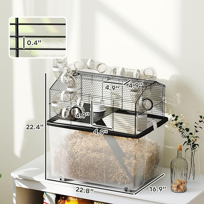PawHut Large Hamster Cage with 12" Deep Tray, 2 Tier Gerbil Cage with Tube System, Water Bottle, Ramp, Feeding Bowl, 23" x 17" x 22", Black