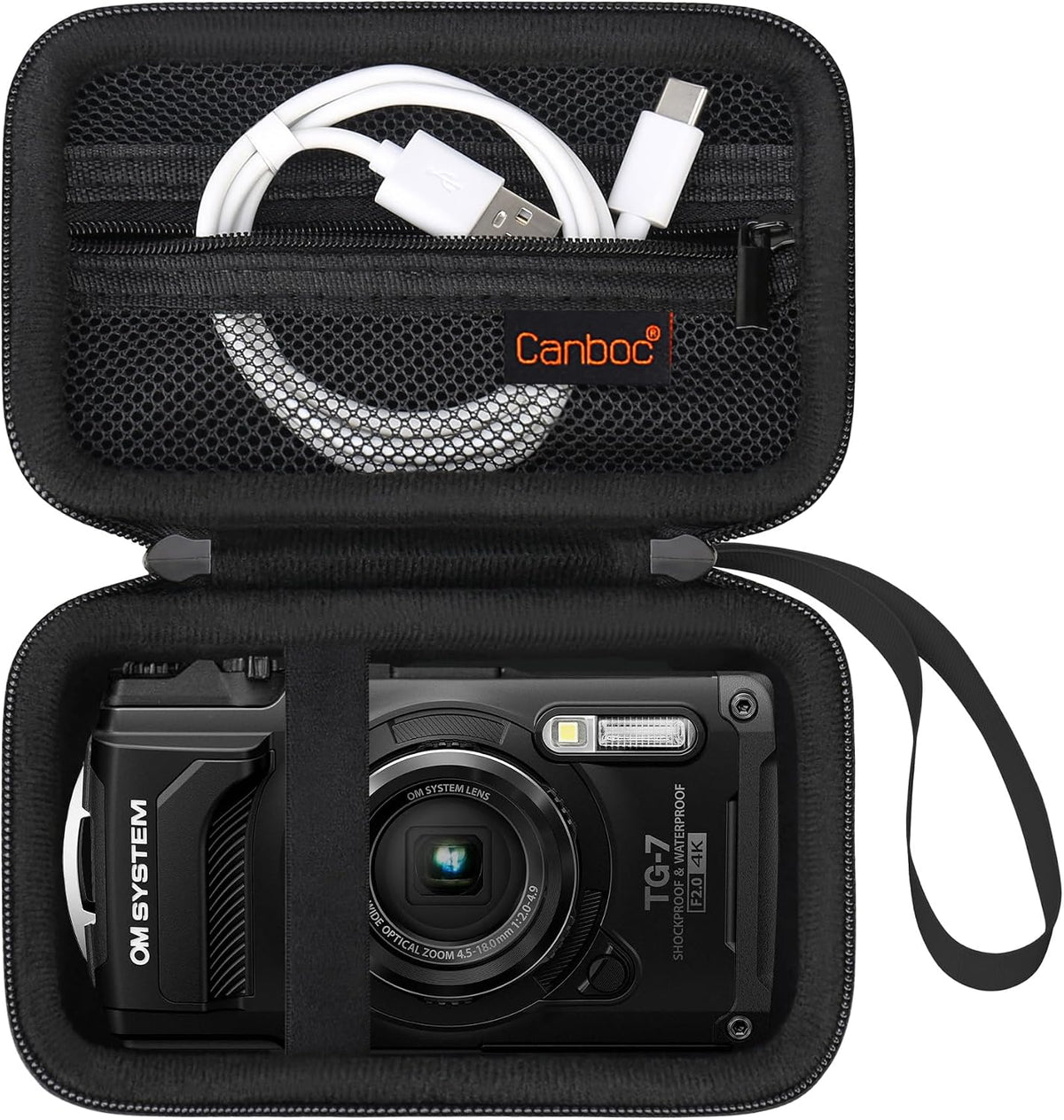 Canboc Carrying Case for OM SYSTEM Tough TG-7/ OM SYSTEM OLYMPUS TG-6 Underwater camera, Waterproof Camera Bag, Zipper Mesh Pocket fits USB Cable, Batteries, Black(Case Only)