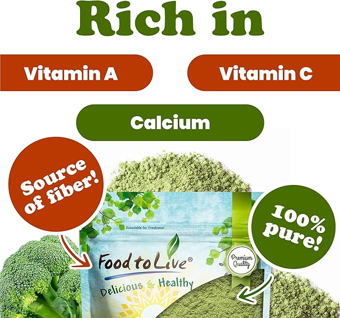 Food to Live Broccoli Powder, 5 Pounds – Nutrient-Rich Green Superfood for Smoothies, Shakes and Cooking, High in Fiber, Vitamins and Antioxidants, Vegan, Kosher, Bulk