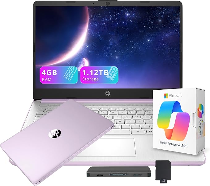 HP Stream 14" HD Laptop with AI Copilot for Student & Business, Intel Processor N150, 4GB RAM, 1.12TB Storage (128GB UFS + 1TB Docking Station), 1 Year Office 365, Wi-Fi 6, Win 11, Lavender Purple