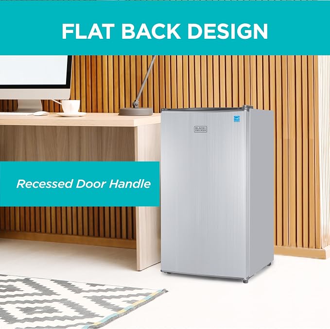 BLACK+DECKER 3.2 Cu. Ft. Compact Refrigerator, BCRK32V, Stainless Look | Energy Star Certified Small Refrigerator, Single Door Mini Fridge with Chiller Compartment, Personal Fridge for Home or Dorm