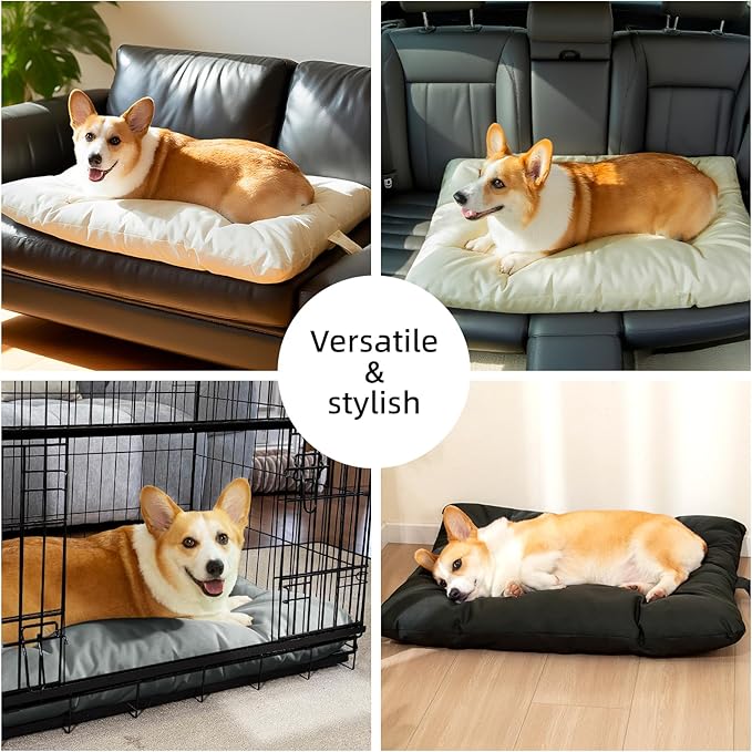 Chew Resistant Dog Bed for Large Dogs - Durable 41"x27" Kennel Pad with Soft Plush Filling, Machine Washable Crate Mat for Aggressive Chewers, Indoor Outdoor Pet Bed, Beige
