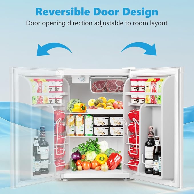 COWSAR 2.6 Cu.Ft Mini Fridge with Freezer, Quiet Reversible Door Compact Refrigerator, Small Refrigerator with 2 Removable Shelves, Adjustable Thermostat, for Office, Bedroom, Dorm, White