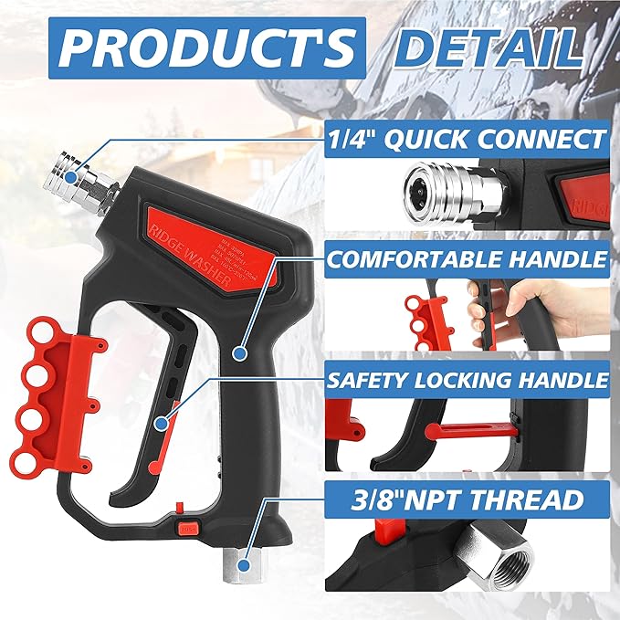 RIDGE WASHER Pressure Washer Gun 5000 PSI with Nozzle Bracket, 12 GPM, Power Washer Trigger Gun with 1/4" Quick Connector, 360° Swivel 3/8'' NPT Thread, M22-14 mm and M22-15 mm Fitting