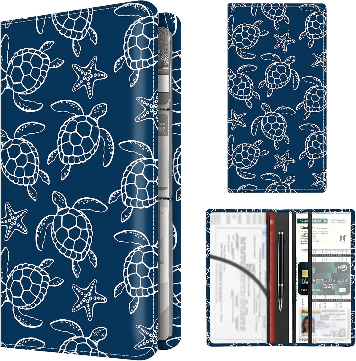 Premium Car Registration and Insurance Card Holder, Cute PU Leather Car Document Holder, Vehicle Glove Box Car Organizer with Magnetic Closure for Driver License, Cards Navy Turtle Starfish