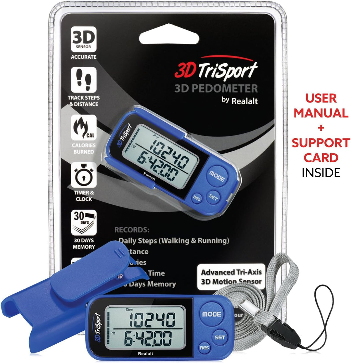 Realalt 3DTriSport 3D Walking Pedometer - Accurate Step Counter with 30-Day Memory & Large Display for Seniors
