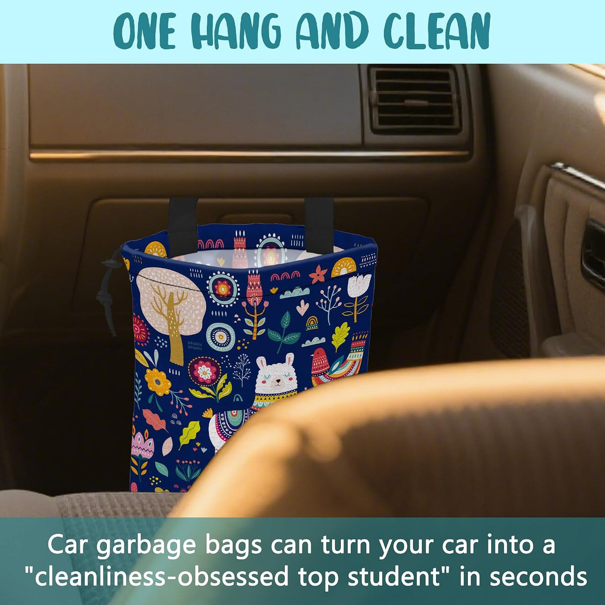 Car Garbage Bag Colorful Llama Flowers and Birds Hanging Canvas Car Trash Bag Waterproof Drawstring Car Back Seat Organizer for Car Back Front Seat Console with Adjustable Buckle