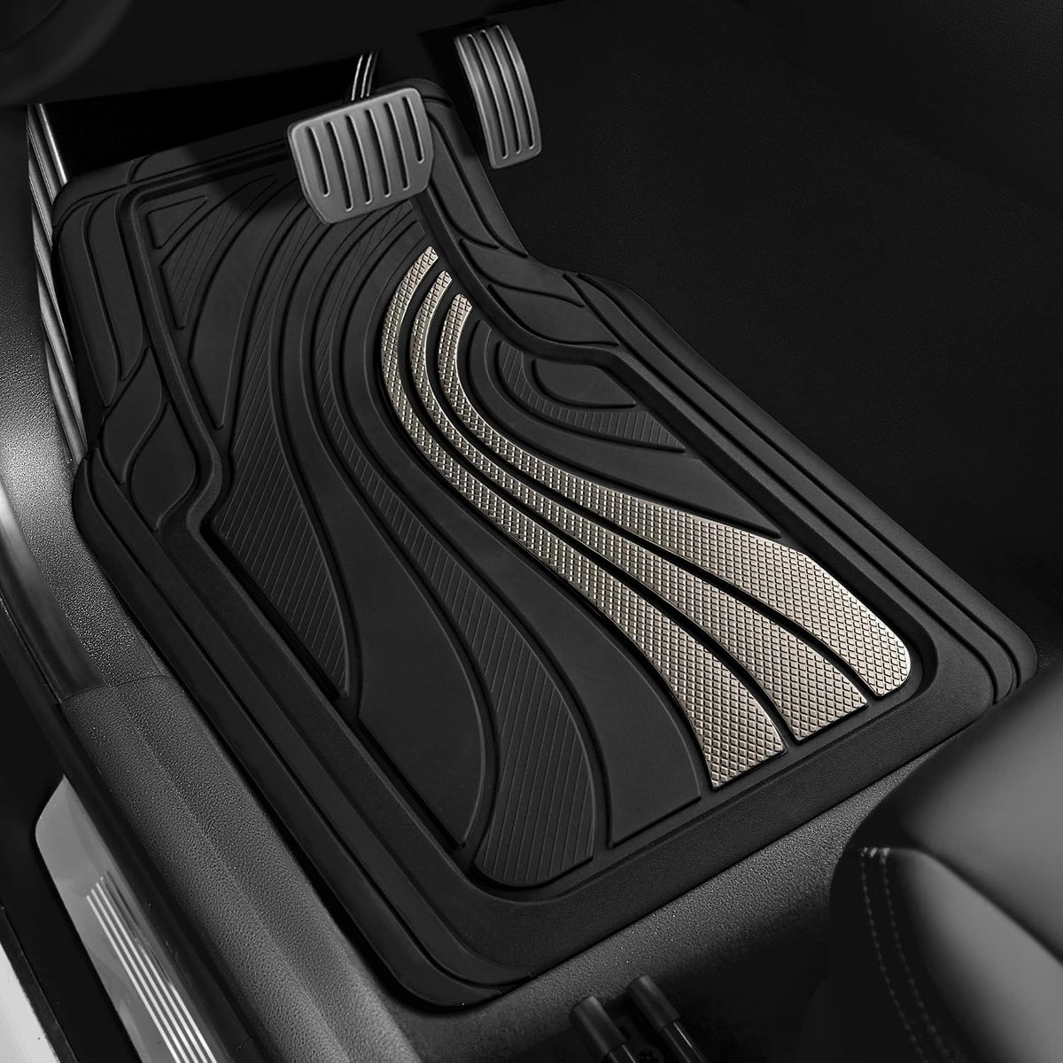 Road Comforts Car Floor Mats Full Set – Front & Rear Car Floor Mats with Aluminum Design, Anti-Slip Backing, All-Weather Protection, Trim-to-Fit Car Mats for Most Sedans, SUVs & Vans - Light Grey