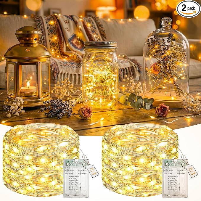 2 Pack Fairy Lights Battery Operated with Timer, 16.4 FT 50 LED Silver Wire Twinkle String Lights 8 Modes Dimmable Waterproof for Indoor Christmas Bedroom Wedding Decorations, Warm White