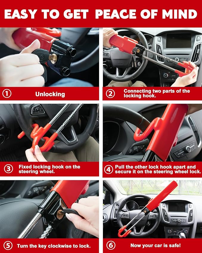 Tevlaphee Steering Wheel Lock Anti-Theft Car Device Heavy Duty Security Car Lock Antitheft Locking Devices Great Deterrent Adjustable Car Wheel Lock Anti Theft for Vehicle Truck SUV with 3 Keys (Red)