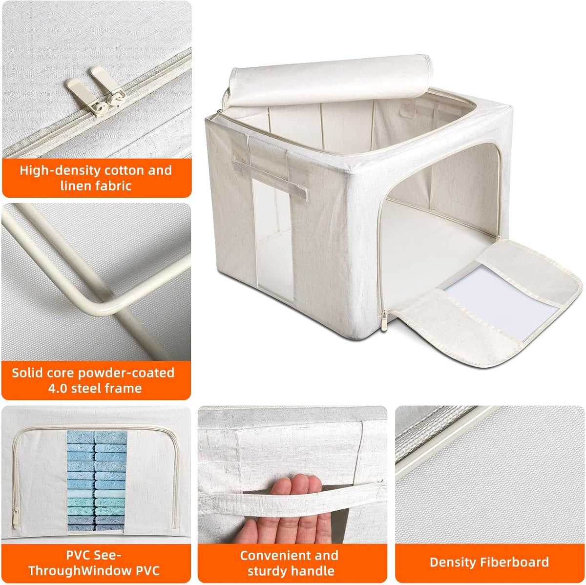 Foldable Clothes Storage Bins with Solid core powder-coated steel fram, 24/ 66L Storage Bags Fabric Box Organizer with Clear Window Zippers Sturdy Handles 2 Pack (Beige, 66L 1Pack)